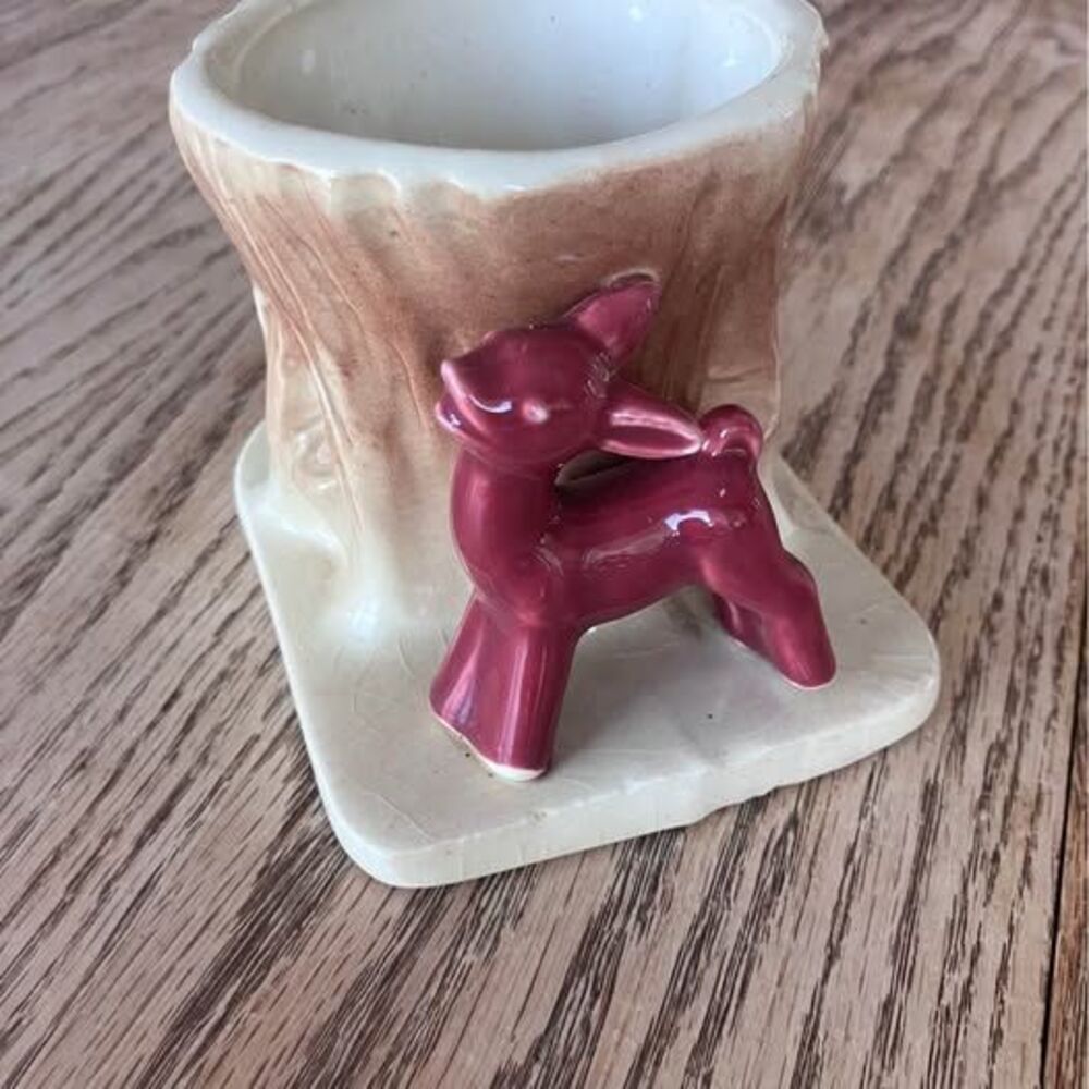 Vintage MCM Ceramic Tree Stump Planter with Deer